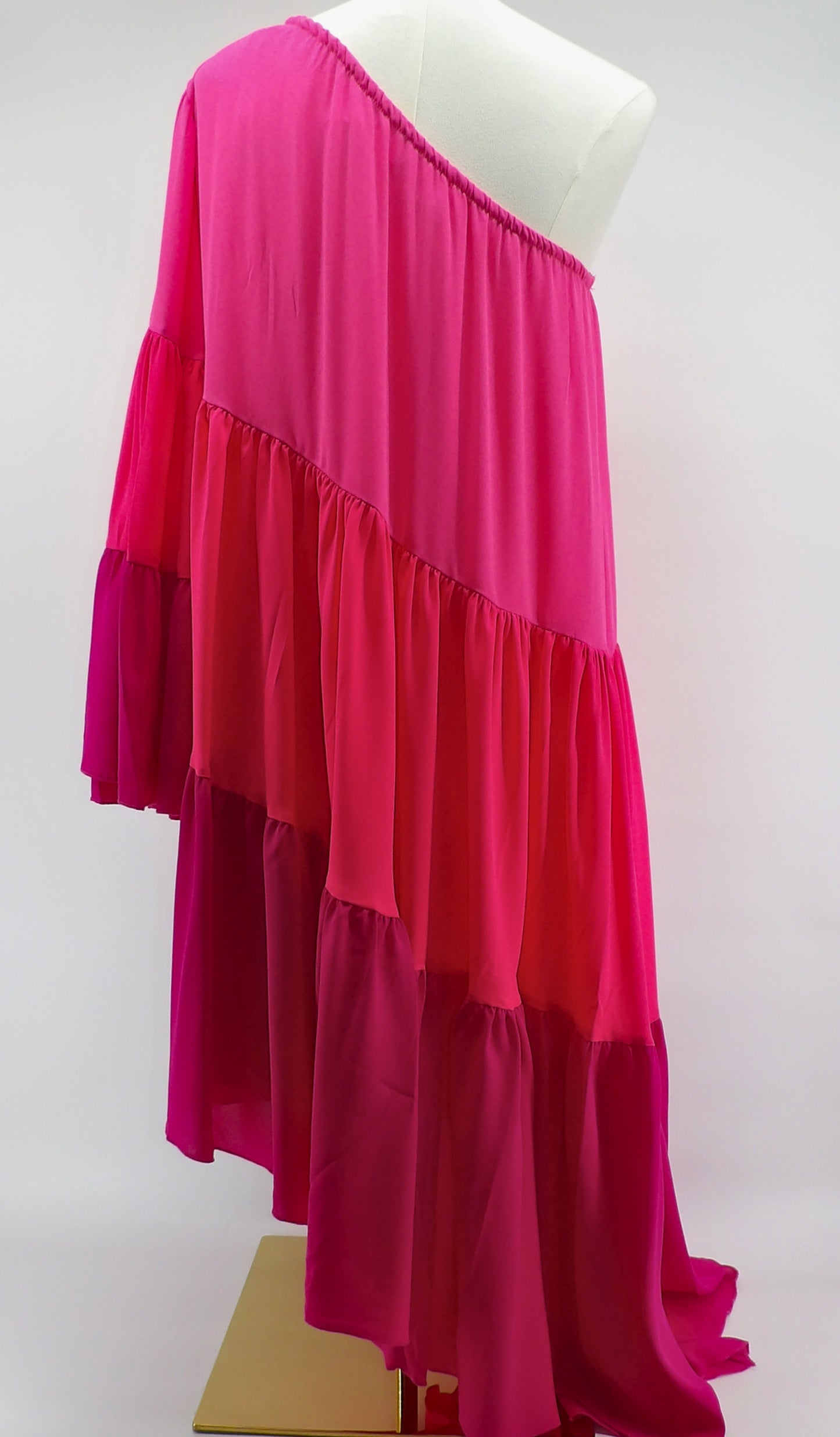 ONE SHOULDER COLORBLOCK TIERED HIGH-LOW MIDI DRESS