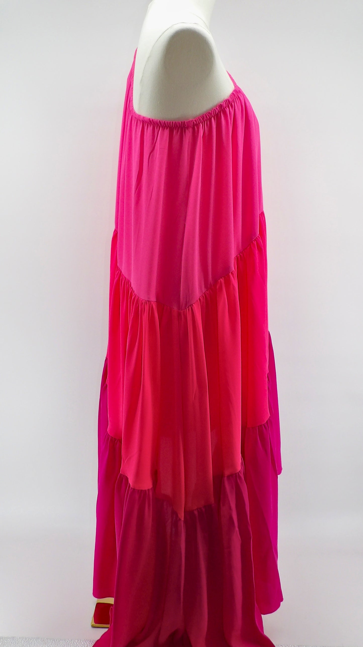 ONE SHOULDER COLORBLOCK TIERED HIGH-LOW MIDI DRESS